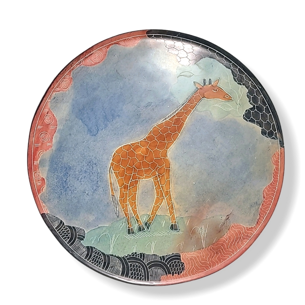 African Hand Carved Stone Plate Giraffe Kenya 8.5" x 2" Shallow Bowl Original
